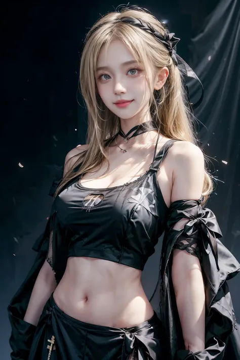 Japanese、Model、Big Breasts、Blonde、 long hair、black t-shirt with mesh pattern、ribbon、 shows shoulders、 cleavage visible、 belly button visible 、 spotlights、 dark background 、smile
