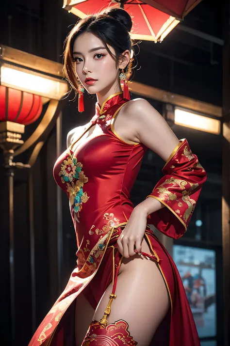 Redra(best quality,ultra-detailed,realistic:1.37), digital illustration, ( woman wearing a chinese traditional costume), detailed eyes and face, beautiful detailed lips, red lips, sexy body, big breasts,long eyelashes, big breasts:1.5, (Close-up photo),  c...