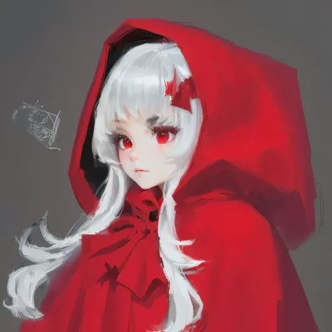 a close up of a person wearing a red cape and a red hood, crimson themed, red hoods, a red cape, dressed in a beautiful red cloak, wearing a scarlet hoodie, red riding hood, thief red riding hood, yume nikki, wearing a red cape, red colored, red cape, gray...