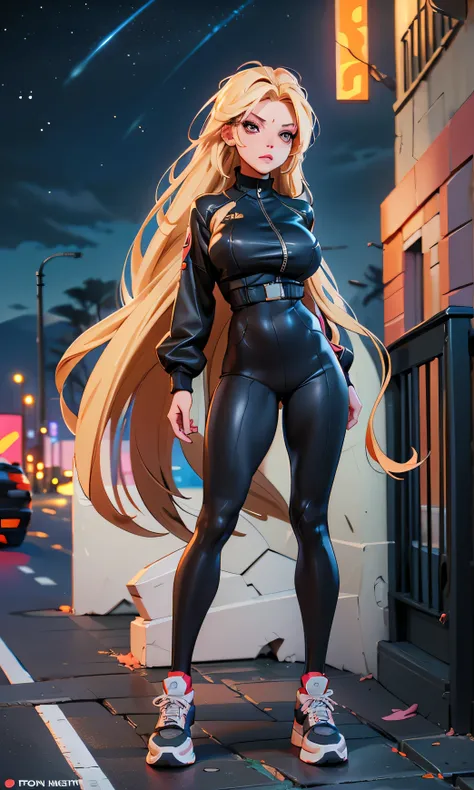 Masterpiece, 1 girl, beautiful, slim, head on, watching the spectator, long hair , blond hair , brown eyes, arched eyebrows , full body , pretty legs, abdomen plano, Kpop outfit , top corto color azul, falda color negro, sports shoes , (((desnuda))...