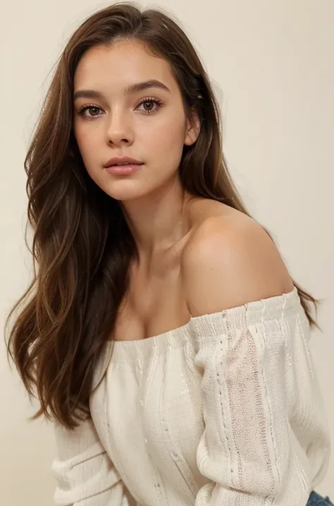 A young woman with long, wavy brown hair poses against a plain white background. She wears a form-fitting, off-the-shoulder beige top and has a subtle makeup look, featuring glossy lips and natural eye makeup. The image captures her looking slightly to the...