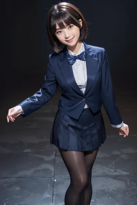  Max Image、HDR、 navy blue blazer、((Long tight skirt that hides the knee in plain navy blue ))、White blouse、((navy blue plain large bow tie))、((( black pantyhose)))、(( Black Loafers ))、(( full body photo of standing up to the feet))、Cute high school girls、H...