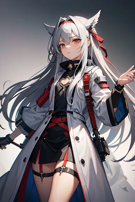 Gray hair, long hair, reddening hair band, pussy, genitals visible, hero coat, Aisue , small chest, active , ignorance, mechanical armored machine gun blade