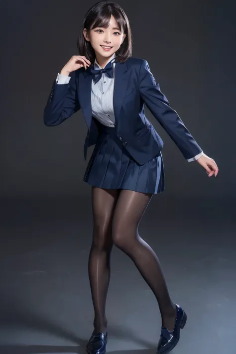  Max Image、HDR、 navy blue blazer、((Long tight skirt that hides the knee in plain navy blue ))、White blouse、((navy blue plain large bow tie))、((( black pantyhose)))、(( Black Loafers ))、(( full body photo of standing up to the feet))、Cute high school girls、H...