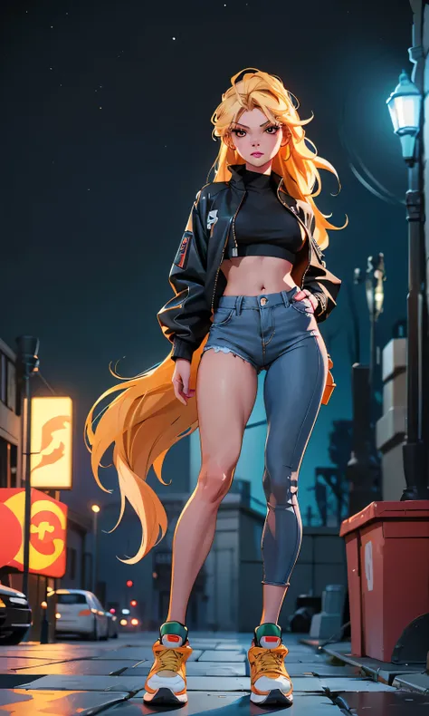 Masterpiece, 1 girl, beautiful, slim, head on, watching the spectator, long hair , blond hair , brown eyes, arched eyebrows , full body , pretty legs, abdomen plano, Kpop outfit , top corto color azul, pantalón cropped color negro, sports shoes , (...