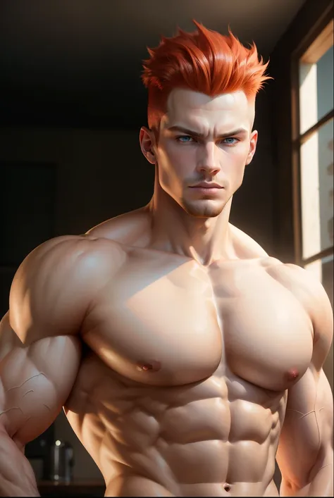  best quality , 4K, 8k,  high resolution,  masterpiece : 1,2),  Ultra-detailed, (realistic, fotorrealistic, fotorrealistic: 1,37), A male model ,  albino skin color ,  red hair,  red hair cacheado,  showing armpits, pose sexy,  in a serious face,  slender ...