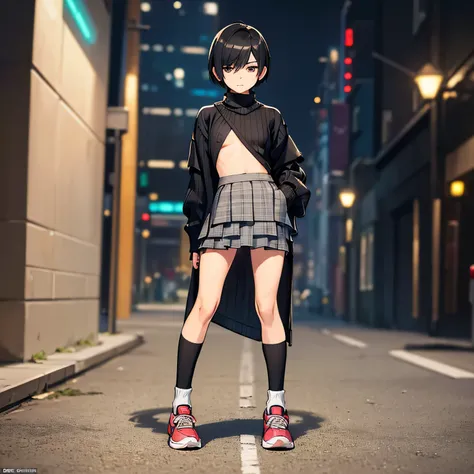 Inside the street,one 1 boy,fem boy,((crossdresser)),black short hair,slender body,((full body)),displeased,sulky,((flat chest)),((ribbed sweater)),((layered skirt)),((maxi length checkered skirt)),((socks)),((sneaker)),4K, 8k, High resolution, masterpiece...