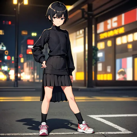 Inside the street,one 1 boy,fem boy,((crossdresser)),black short hair,slender body,((full body)),displeased,sulky,((flat chest)),((ribbed sweater)),((layered skirt)),((maxi length checkered skirt)),((socks)),((sneaker)),4K, 8k, High resolution, masterpiece...