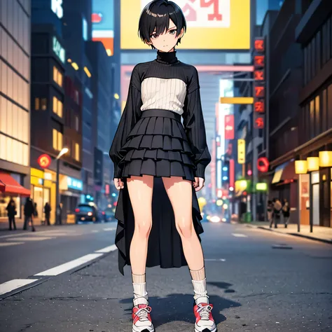 Inside the street,one 1 boy,fem boy,((crossdresser)),black short hair,slender body,((full body)),displeased,sulky,((flat chest)),((ribbed sweater)),((layered skirt)),((maxi length checkered skirt)),((socks)),((sneaker)),4K, 8k, High resolution, masterpiece...