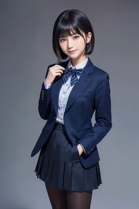 Max Image、HDR、 navy blue blazer、((Long tight skirt that hides the knee in plain navy blue ))、White blouse、((navy blue plain large bow tie))、((( black pantyhose)))、(( Black Loafers ))、(( full body photo of standing up to the feet))、Cute high school girls、H...