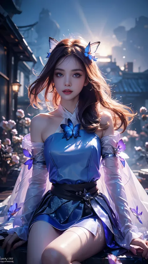 8k, masterpiece, 1 girl, beautiful face, very long hair, light makeup, (glossy skin), detailed eyes, detailed lips, small bust, fantasy clothing, blowing wind, ((blue clothing)), ((mesh clothing)), fantasy, ((ornaments)), ((fantasy petticoat)), ((mesh cape...