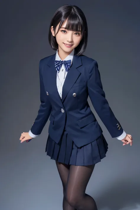 Max Image、HDR、 navy blue blazer、((Long tight skirt that hides the knee in plain navy blue ))、White blouse、((navy blue plain large bow tie))、((( black pantyhose)))、(( Black Loafers ))、(( full body photo of standing up to the feet))、Cute high school girls、H...