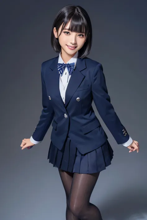 Max Image、HDR、Navy Blue Blazer、((Long tight skirt that hides the knee in plain navy blue ))、White blouse、((navy blue plain large bow tie))、((( black pantyhose)))、(( Black Loafers ))、(( full body photo standing up to his feet))、Cute high school girls、Heigh...