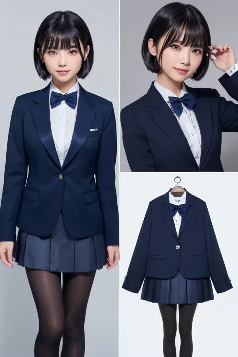 Max Image、HDR、 navy blue blazer、((Long tight skirt that hides the knee in plain navy blue ))、White blouse、((navy blue plain large bow tie))、((( black pantyhose)))、(( Black Loafers ))、(( full body photo of standing up to the feet))、Cute high school girls、H...