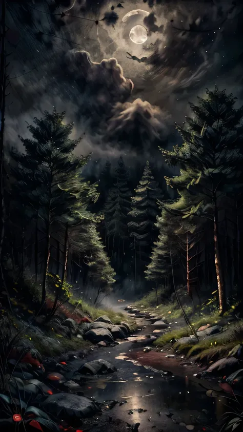  A dense forest at night ,  tall trees with bare branches ,  rain dripping down the trunks , creeping fog ,  moonlight filtered by dense clouds ,  deep shadows between trees ,  ground covered with damp leaves and mud ,  an environment charged with tension ...