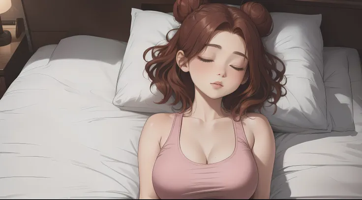 "A cozy room night scene rainy day featuring A woman with short wavy auburn hair tied in a loose bun, wearing a pink tank top and fit jeans, she got sleeping on the bedroom, hand behind of head, looks beautiful moments.
