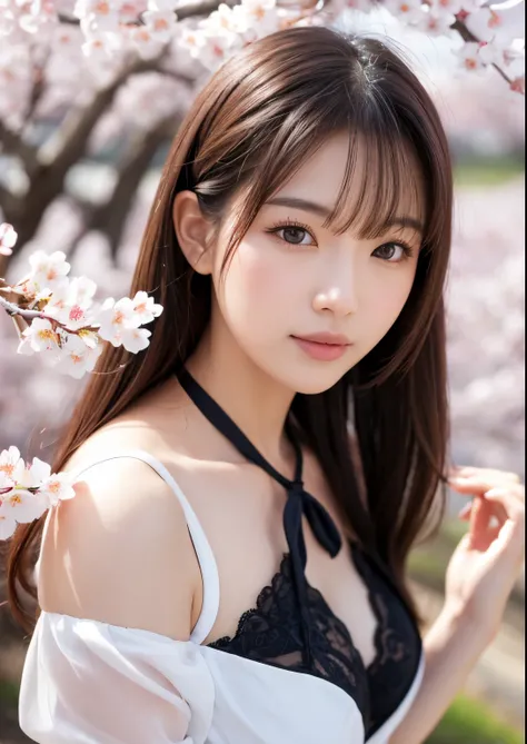 Sexy sensual woman, in Cherry blossom scenery