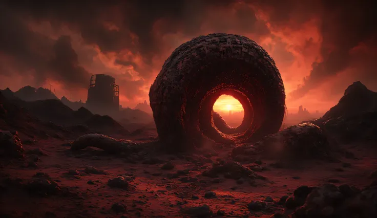 A flesh-and-blood supermind buried in the sands of a bloody wasteland. An ancient artifact from a long time ago. A crimson sunset, scarlet clouds in a black sky. A bonfire is burning. the ruins of the city. The Gate to Hell