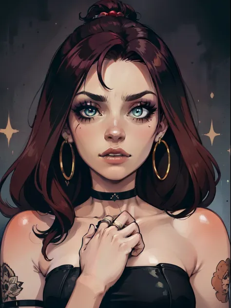  The character portrayed in the image has striking features and a distinct style.  She has long and vibrant red hair ,  with locks that fall gently over her face ,  creating a dramatic .  eyes are of a deep and expressive tone ,  with a suggestive emotiona...