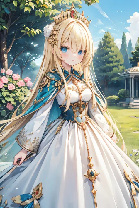 masterpiece,  top quality,  very detailed, 16k,  super high resolution ,  Cowboy Shots,  detailed face , Perfect means,  1 woman, ,  blue eyes,  blonde alone, , royal palace, garden, , long train dress and long cape hair,  very long hair, Hair covering one...