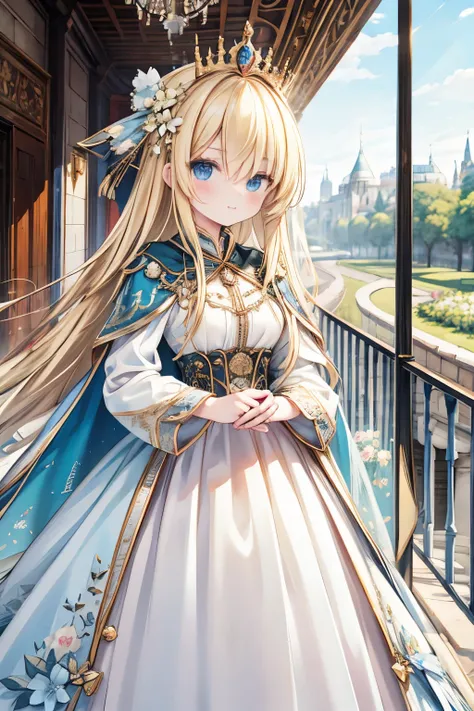 masterpiece,  top quality,  very detailed, 16k,  super high resolution ,  Cowboy Shots,  detailed face , Perfect means,  1 woman, ,  blue eyes,  blonde alone, , royal palace, garden, , long train dress and long cape hair,  very long hair, Hair covering one...