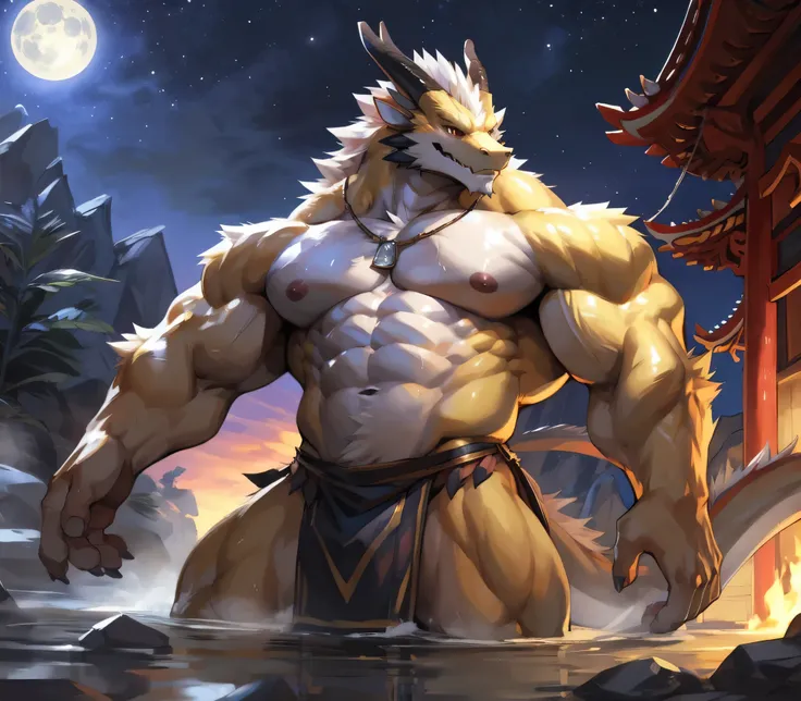 ((best quality)), ((masterpiece)), (ultra detailed),perfect face,antro oriental dragon:2.5, male , (((chinese dragon))):2.5, (((eastern dragon))):2.5,((yellow body)), (strong beefy muscular body), (abs, strong muscles, 8 pack), furry, handsome,Beautiful an...