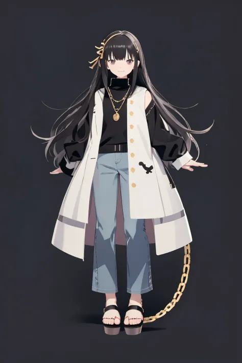  super high resolution, snort,  Best Aesthetics , forehead、 Bangs in the middle、 Feet High Quality , Open your arms, Small character Detective Keira Rexanne Giles,  She has long black hair in the middle,  gray eyes , Smile, Wave,  white background ,  Her G...