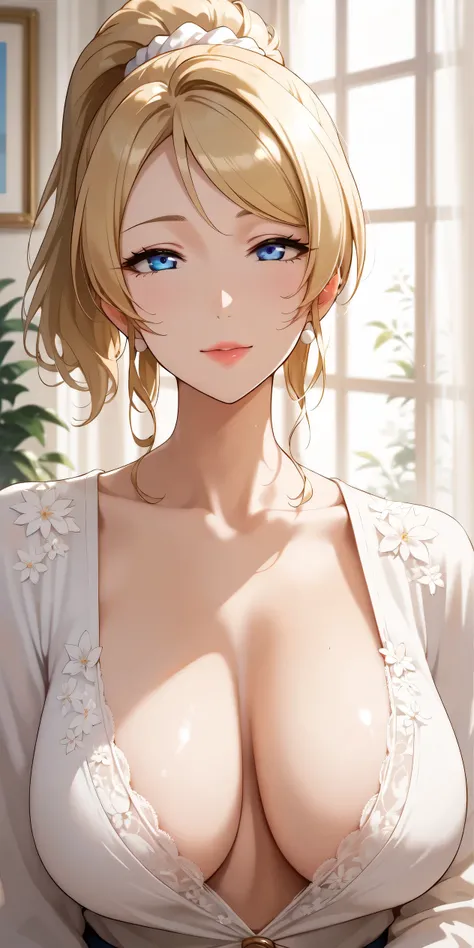 Score_9, Score_8_up, Score_7_up, Source_anime, anime art, anime style, very aesthetic, masterpiece, high quality, 1girl, seductive mature woman, milf, housewife, sagging breasts, large breasts, breasts apart, curvaceous, lovelive_eli, blonde hair, swept ba...