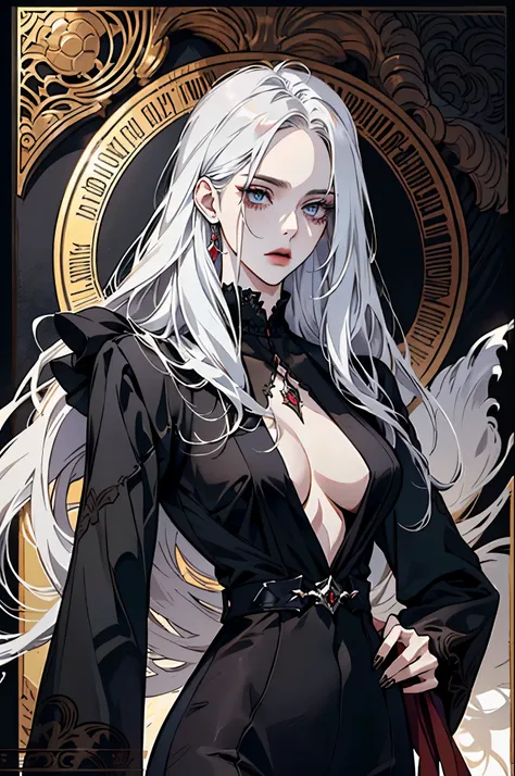  The character portrayed in the image presents an intriguing and mystical look .  She has long white hair that flows elegantly .  Her body is slender and is dressed in a tight black suit , that highlights your curves. 

 The most striking element is the pr...