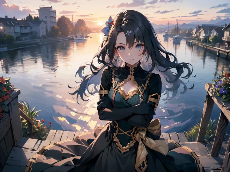 Solo Girl, 1 girl, (((arms crossed in front of chest))), (((hair tied back with a large blue ribbon))), (((long black curly hair))), (((teardrop shaped earrings))), (((plain blue A-line high neck tiered skirt cocktail dress, gold chain around waist, black ...