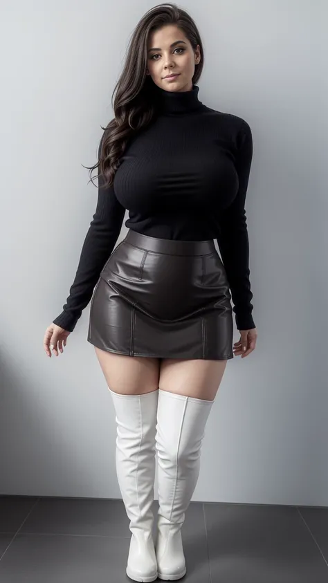 Full body shot of 1 beautiful Izrael  35yo woman , large standing upright in front of a plain white wall wet soapy face ,messy hair,long boots view from above ,one leg up ,up one leg  body, voluptuous woman, dark bun messy  hair, ,  turtleneck sweater,  sc...