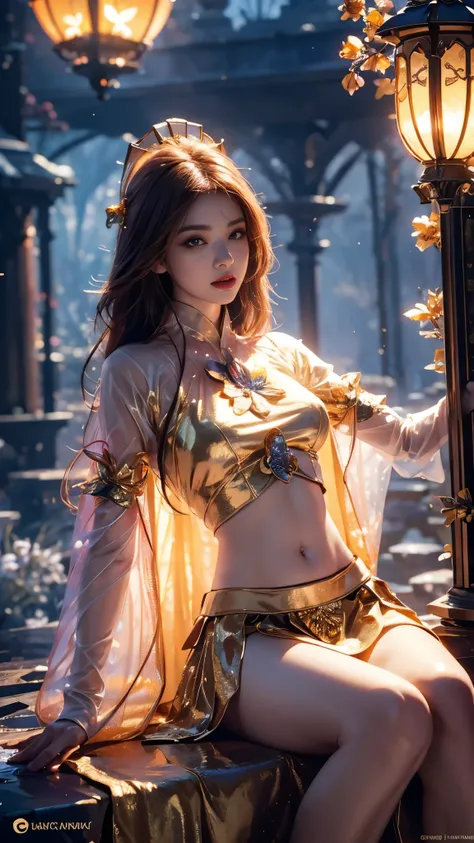 8K, masterpiece, 1 girl, beautiful face, very long hair, light makeup, (glossy skin), detailed eyes, detailed lips, small bust, fantasy clothing, blowing wind, ((golden clothing)), ((mesh clothing)), fantasy, ((ornaments)), ((fantasy petticoat)), ((navel))...