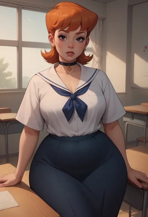 score_9, score_8_up, score_7_up, BREAK, 1girl, solo, black eyes. ginger. small saggy breasts. bbw. huge hips. dextersmom, makeup, jewelry, mature female, choker. Japanese school uniform. school. desk. 
