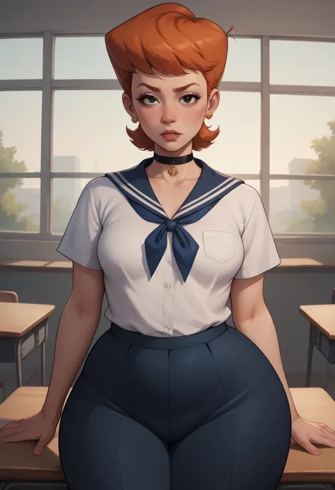 score_9, score_8_up, score_7_up, BREAK, 1girl, solo, black eyes. ginger. small saggy breasts. bbw. huge hips. dextersmom, makeup, jewelry, mature female, choker. Japanese school uniform. school. desk. 