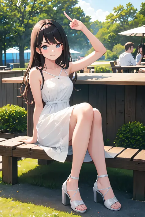 1girl, glowing ,light rays, hand up, pointing, A young woman standing outdoors in a casual, chic outfit. She is wearing a white, sleeveless, summer dress with a delicate lace pattern and thin straps. She holds a pastel blue handbag and wears white open-toe...