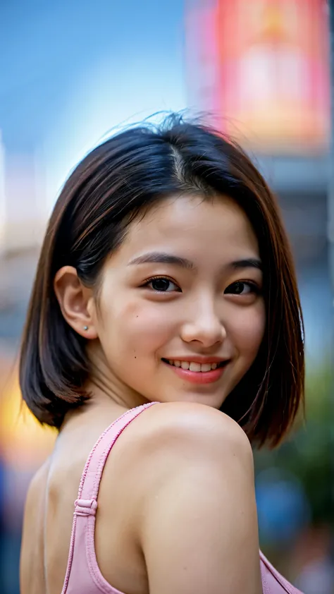 ( 1 girl), (18 years old), very   beautiful detailsed face,  has a smiling face , Symmetrical black eyes, small breasts), rest, ( Pink Leotard: 1.3) Dancing, whole body,  black hair,  short bob from behind, ( small face): 1.2), break,  high definition , Ge...