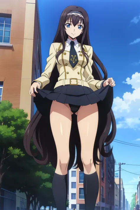 from below, 1 girl, cute, black hair, long hair, ((hair band)), (smile), (School Uniform, skirt, knee socks, black panties), (spreading legs, lift up skirt, skirt hold), (In the street), (anime cels style, Masterpiece, best quality, high resolution, anime ...