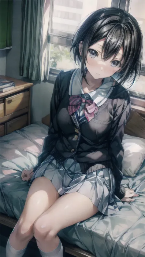 Yukinoshita Yukino , yukinosita yukino,  embarrassed face, low angle, school uniform,( check skirt), Thighs,( white panties),Small underwear, sitting on the bed , face forward,