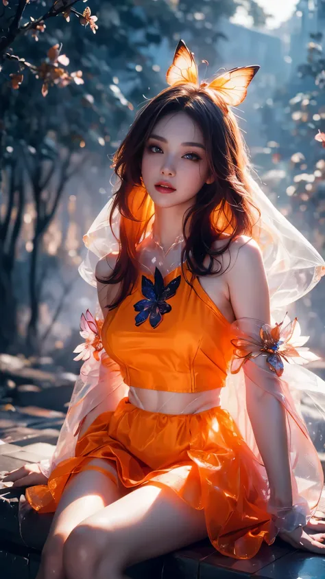 8K, masterpiece, 1 girl, beautiful face, very long black hair, light makeup, (glossy skin), detailed eyes, detailed lips, small bust, fantasy clothing, blowing wind, ((orange clothing)), ((mesh clothing)), fantasy, ((ornaments)), ((fantasy petticoat)), ((b...