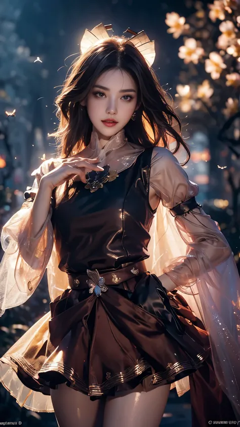 8K, masterpiece, 1 girl, beautiful face, very long black hair, light makeup, (glossy skin), detailed eyes, detailed lips, small bust, fantasy clothing, blowing wind, ((brown clothing)), ((mesh clothing)), fantasy, ((ornaments)), ((fantasy petticoat)), ((ba...