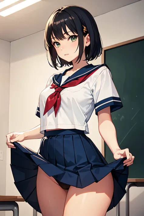 ((masterpiece)), ((best quality)), ((ultra-detailed)),((hyperrealistic)),(japanese cute girl),(shiny skin),1girl,pixie cut,((black hair)),short hair,moss green eyes,(((tareme))),medium breasts,, (navy blue buruma:1.5),(high cut:1.0),(thick thighs:1.0),from...