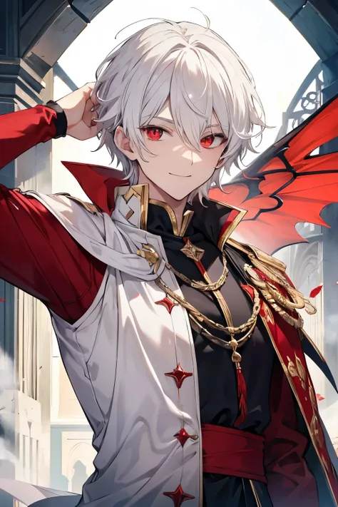 1 man, red eyes, toned body, elegant medieval clothing, prince, white hair, messy hair, adult, smile, imponent, ((evil smile))
