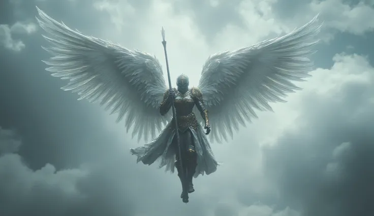 The great angelic knight clutches a long spear in his hands. He has two huge snow-white wings. Silver armor with gold elements and decorations. It falls from the sky, cutting through space. Thunderclouds, horror. Divinity. The splendor. White clouds. parad...