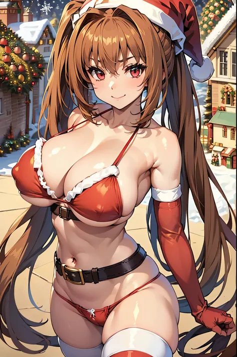 mischievous smile, solo, looking at viewer, sexy pose, (huge breasts: 1.2), (detailed christmas house in the background: 1.5), estelle bright, white coat,, santa bikini, micro bikini, fur-trimmed bikini, red bikini, (santa hat: 1.5), thighhighs, elbow glov...