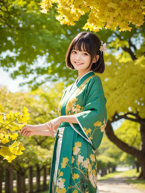  top quality　 Details　masterpiece　A super cute girl is smiling and wearing Kimidori no Minisuka on a row of ginkgo trees　Photo style　 imaginary　 fantasy