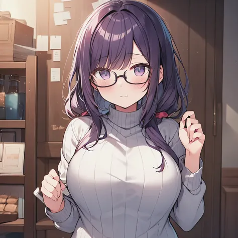 Draw a girl with purple hair and eyes,  with plump cheeks and a sweet expression on her face , she has a slim, slightly curvy figure , She is wearing glasses that she adjusts and she also wears beckini