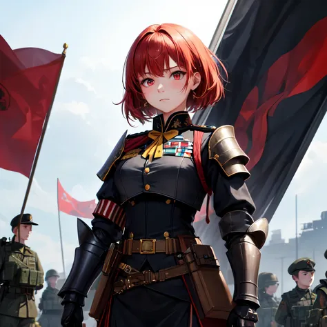 (( top quality)), (( masterpiece fails)), ( in detail),  1girl,  in a black imperial military uniform and with red stripes and yellow ribbons , the girl has red eyes and red hair under her bark ,  against the background of a company of soldiers in black sc...