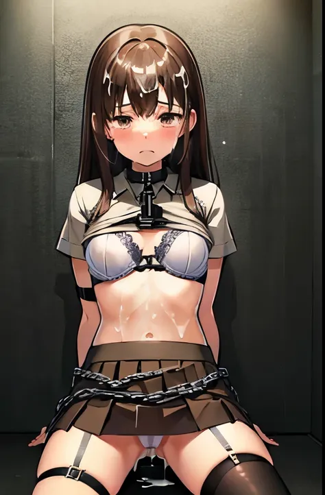 1girl, brown hair, military, hero, medium breast, skirt, prison, chain, cry, cum, handcuff, open leg, more chain, hd, sigh, bra