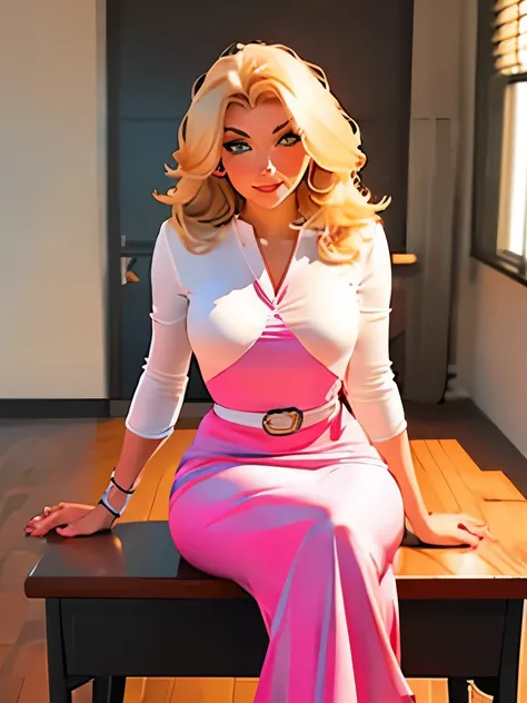 blonde woman in pink dress sitting on a desk with a black belt, a portrait by Eva Frankfurther, reddit, fantastic realism, very sexy outfit, sexy look, beautiful silky dress, blonde goddess, sexy outfit, blonde women, dressed in a pink dress, white silky o...