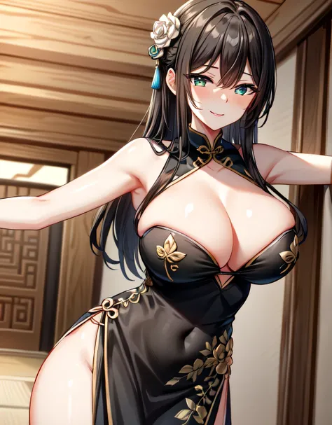 chinese dress,(shiny green and black chinese dress),hair ornament,dress,bare shoulders,brown hair,semi-long hair,bangs,(sensitive smile:1.2),blush,closed mouth,lips,erotic lips,(shiny,hair),((solo)),((masterpiece)),((best quality)),perfect anatomy,slim wai...